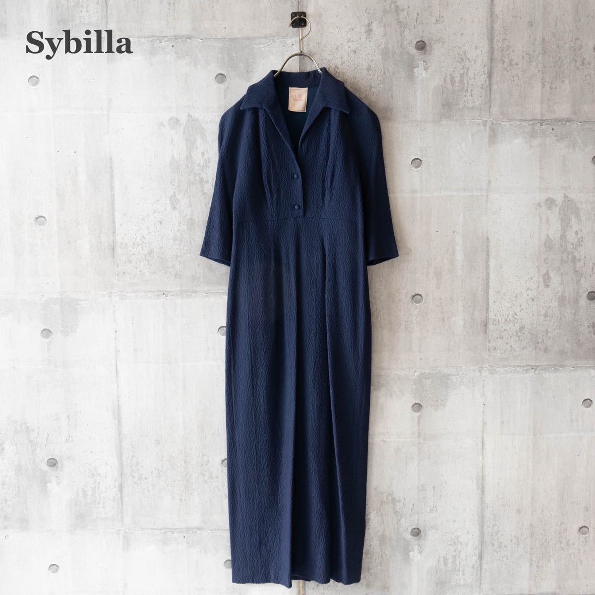 【Sybilla】シビラ　襟付きロングワンピース　オープンカラー　ネイビー　L