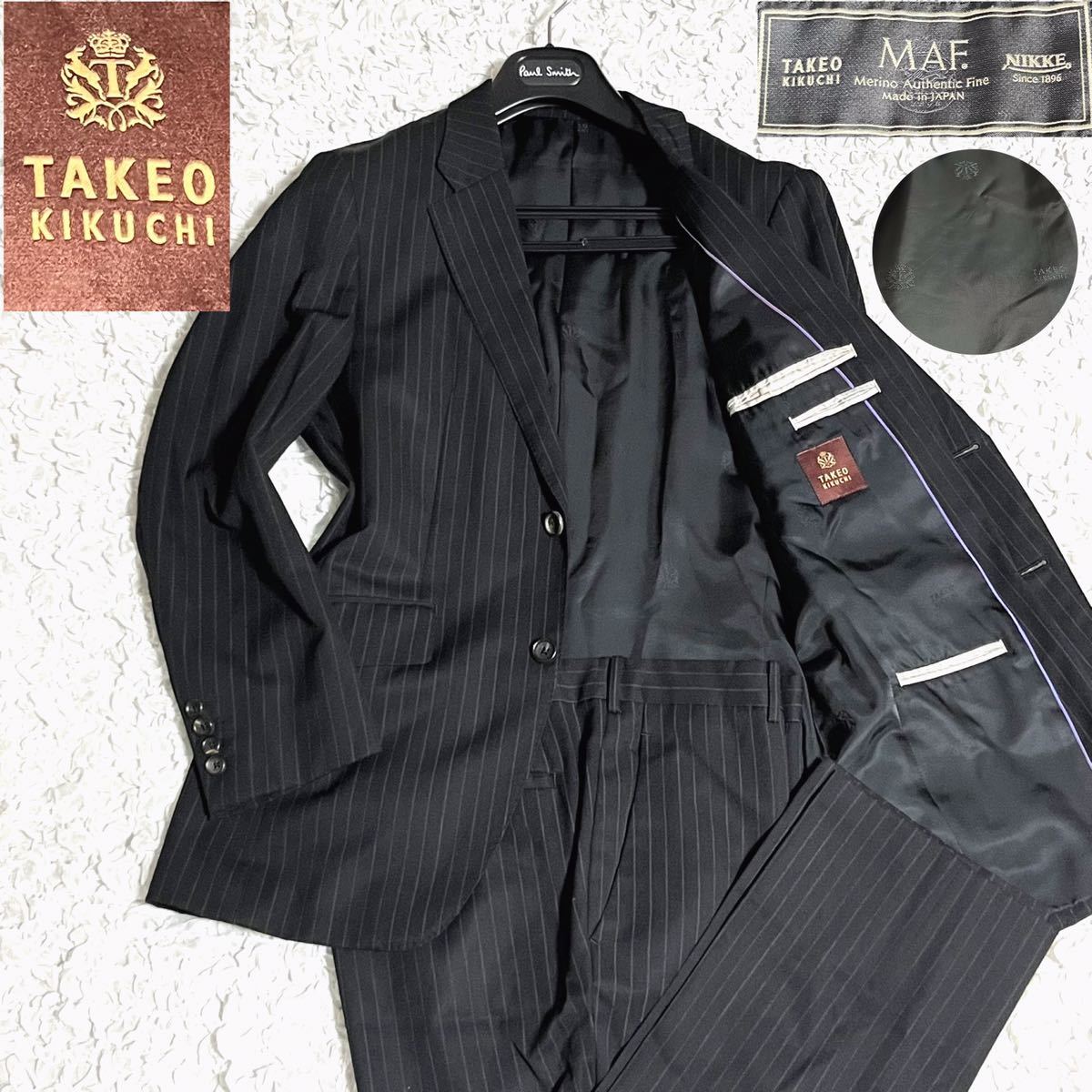 至極の一品 美品 TAKEO KIKUCHI タケオキクチ MAF NIKKE スーツ セットアップ 上下 ストライプ L 黒 ビジネス総裏地　総柄　高級生地