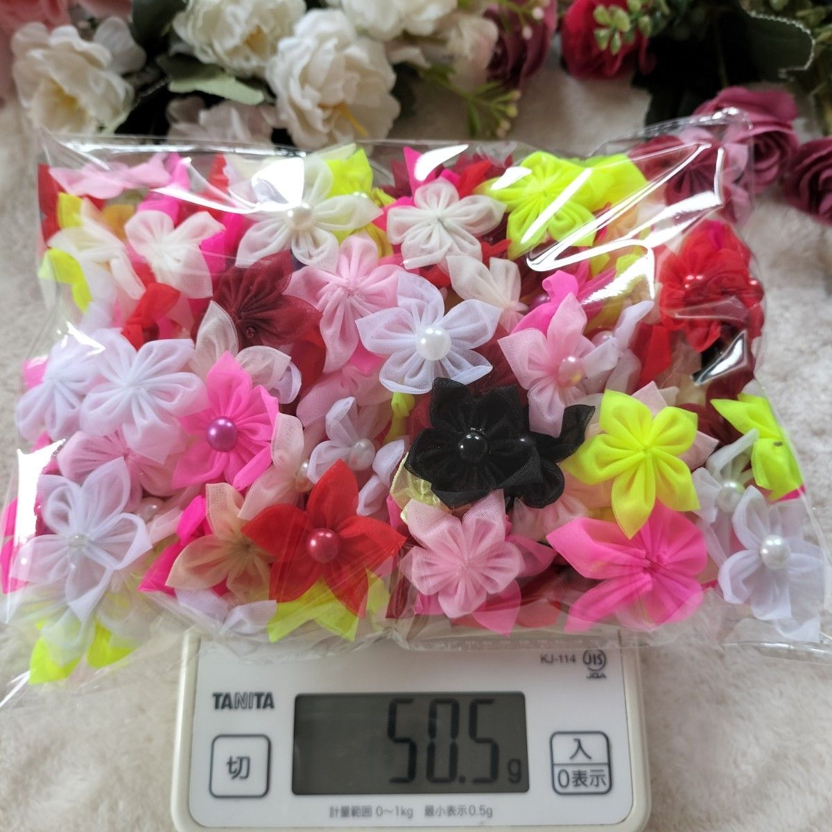 造花　材料　素材 手作り　花モチーフ　パーツ　パール付き　ハンドメイド　花蕊 リボン 材料 ヘアゴム