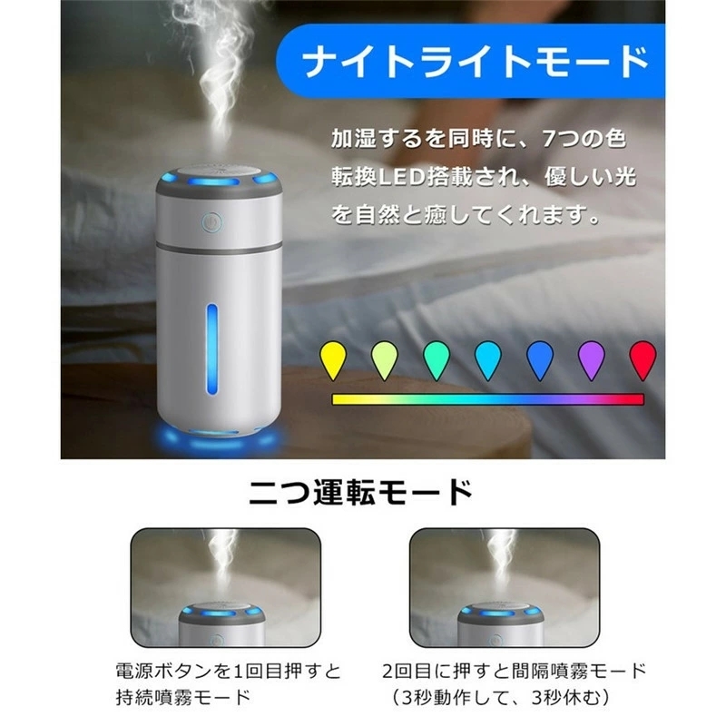 加湿器 超音波式 卓上 アロマ加湿器 ペットボトル 除菌 小型 連続加湿 7色LED 気化式 230ml 持ち運び便利 空焚き防止 JP-164/JS1ブルー_画像7