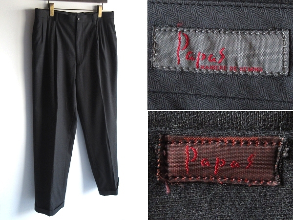 高級 Papas パパス ミニロゴワッペン ウール 3タック パンツ スラックス 54 XL チャコール 日本製