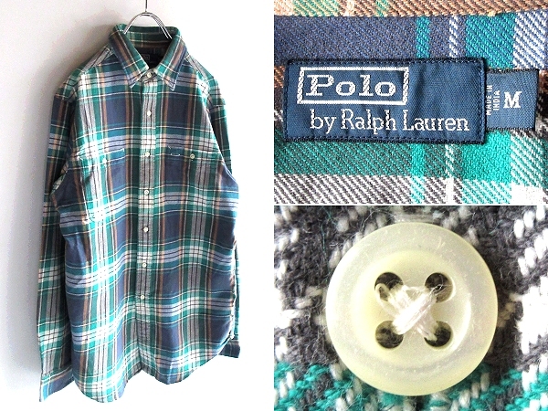 Polo by Ralph Lauren ラルフローレン 好配色 チェック フランネル ヘビーネルシャツ ワークシャツ M グリーン ブルー ホワイト 国内正規品