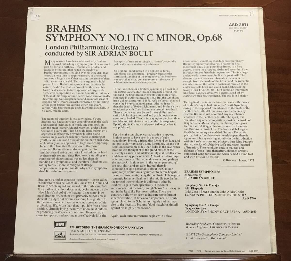 英HMV ASD2871★ボールト《ブラームス:交響曲 第1番》ロンドン・フィル★【初出盤】英国プレス オリジナル 白黒犬切手 激レアの画像2