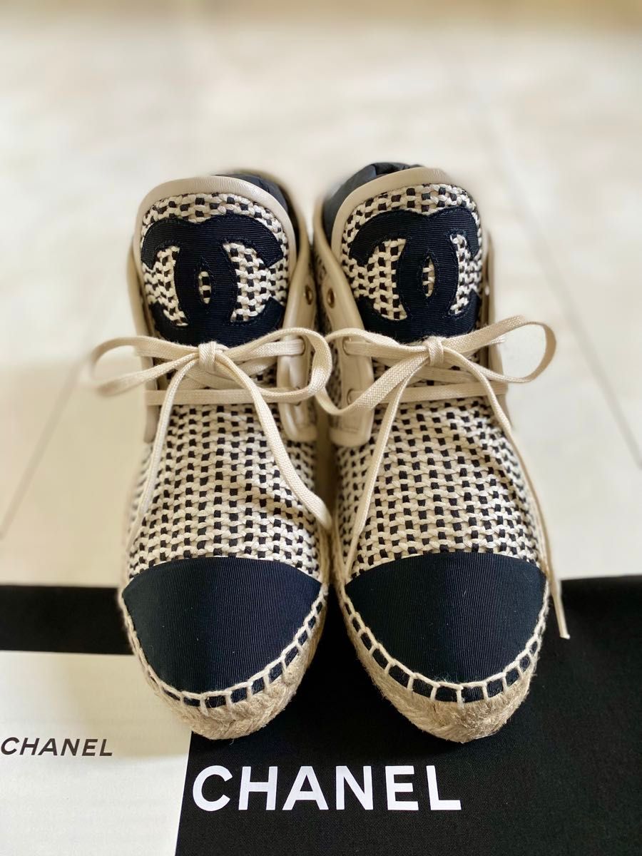 未使用 シャネル ロゴ ハイカット スニーカー エスパドリーユ フラット シューズ 靴 ココマーク 35 22.5 CHANEL