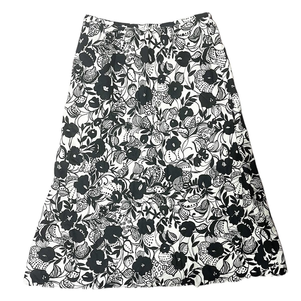 美品 未使用 PERRIS ペリス ロングスカート 膝丈スカート フレアスカート ブラック ホワイト 総柄 40サイズ Mサイズ相当