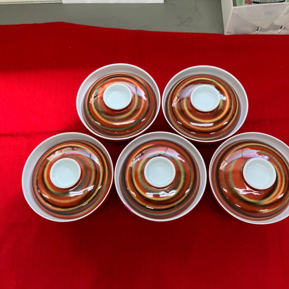 【赤どんぶり 和食器 陶器】5客セット 茶碗 昭和レトロ【A9-4】0228の画像2