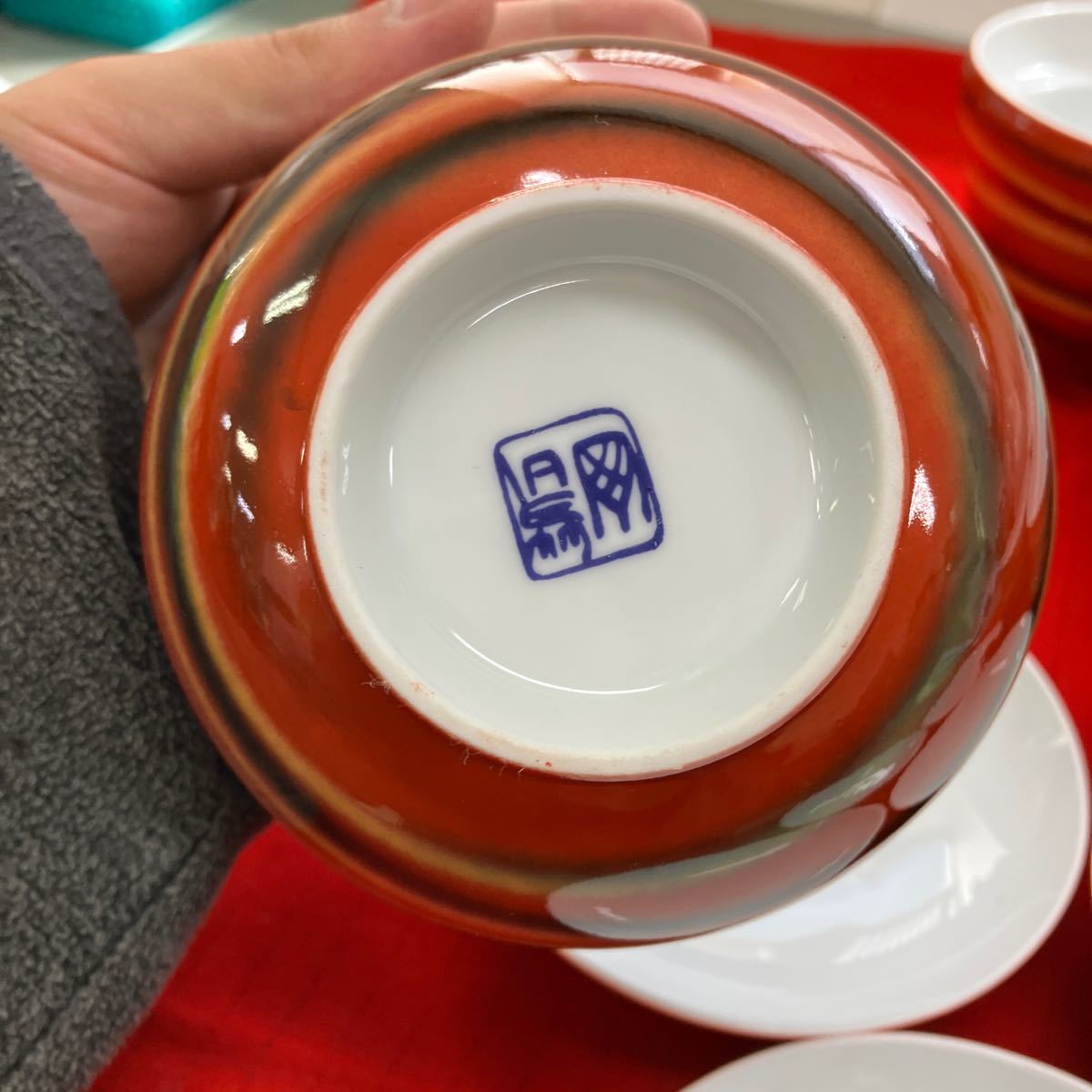 【赤どんぶり 和食器 陶器】5客セット 茶碗 昭和レトロ【A9-4】0228の画像10