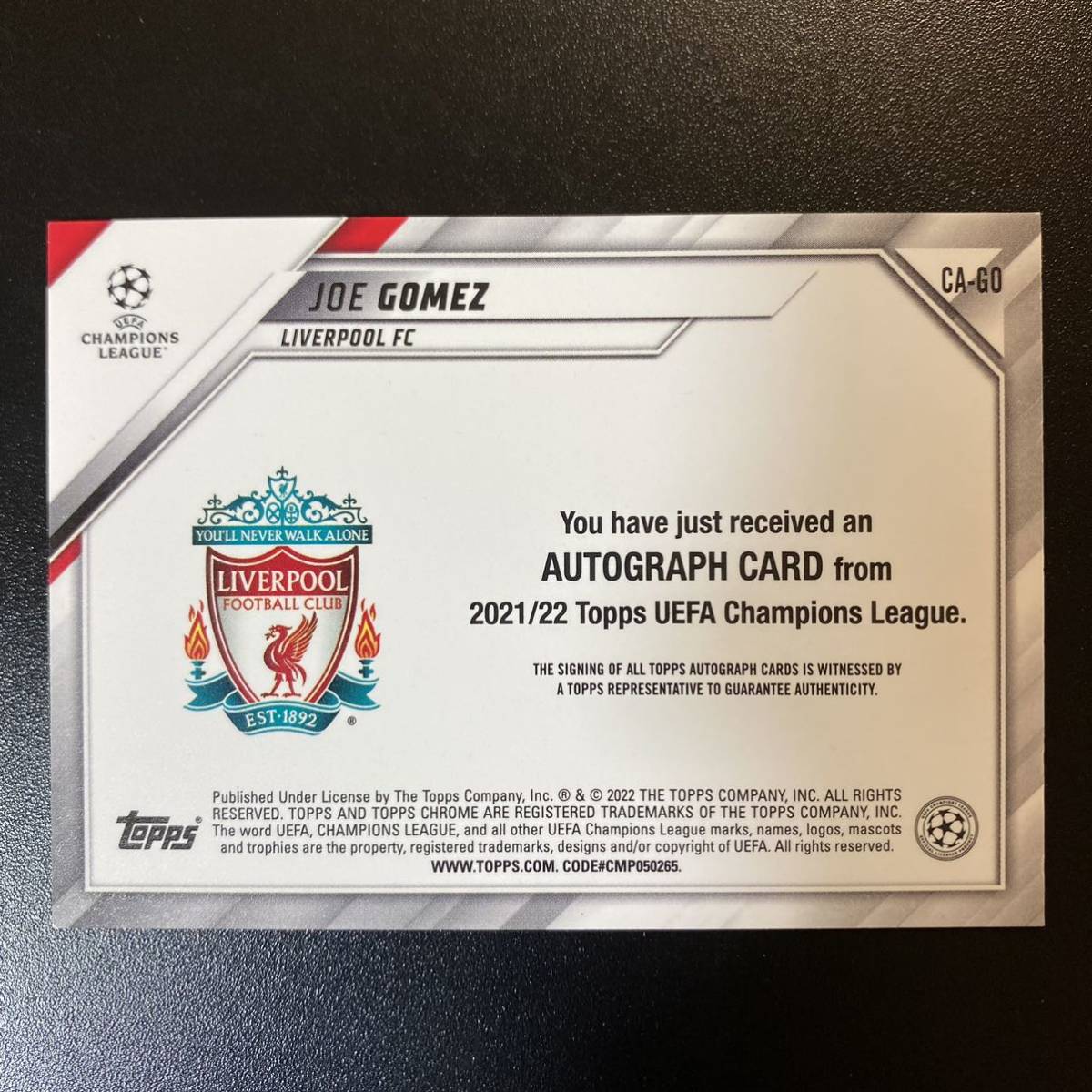 2021-22 Topps Chrome UEFA Champion League Liverpool Joe Gomez Auto Lava 直筆サインカード ジョー・ゴメス_画像2