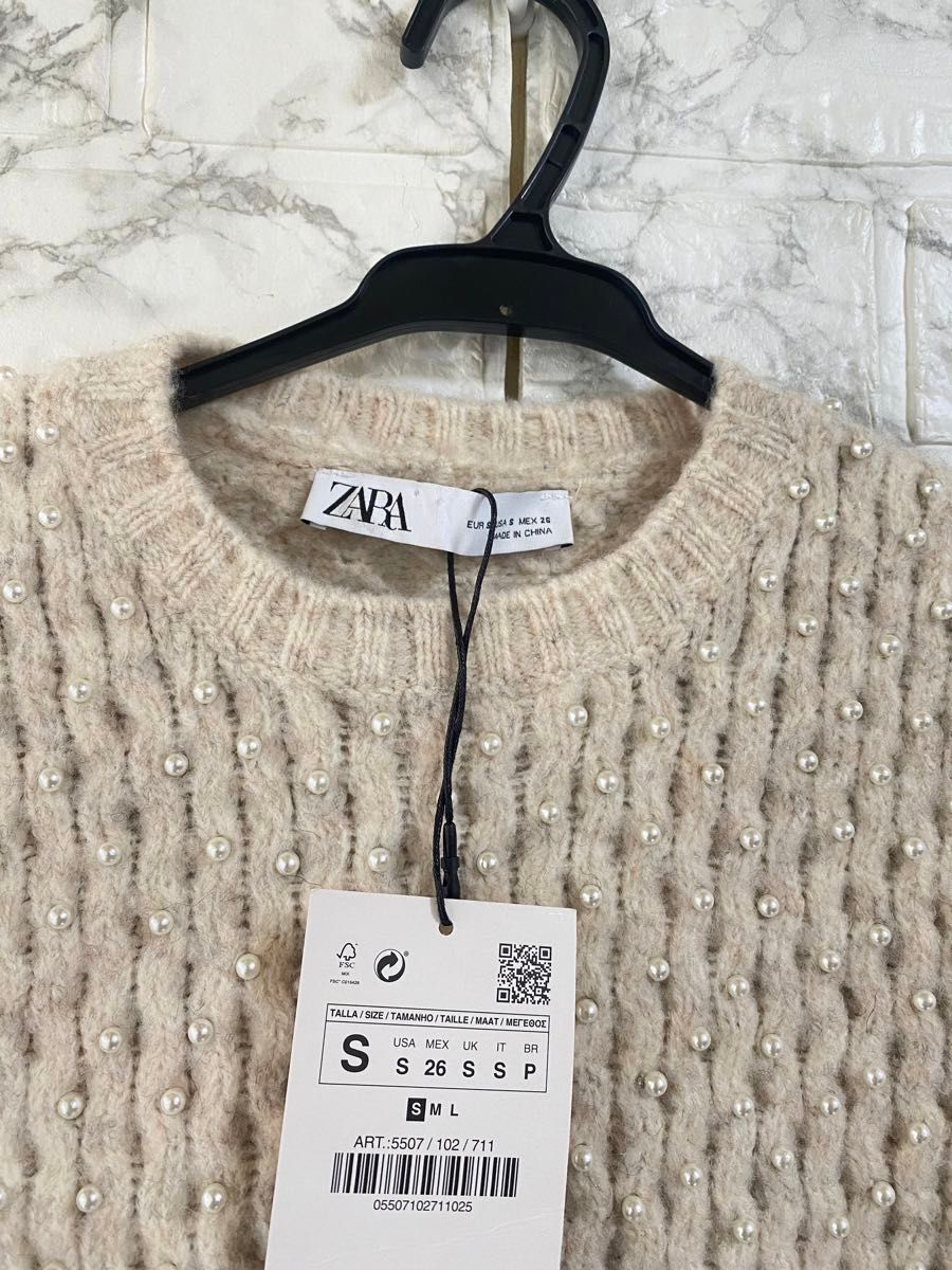 ZARA パール 付き ウール 混紡 ニット 新品 ザラ セーター ショート丈 フェイクパール クロップド丈 ケーブル編み