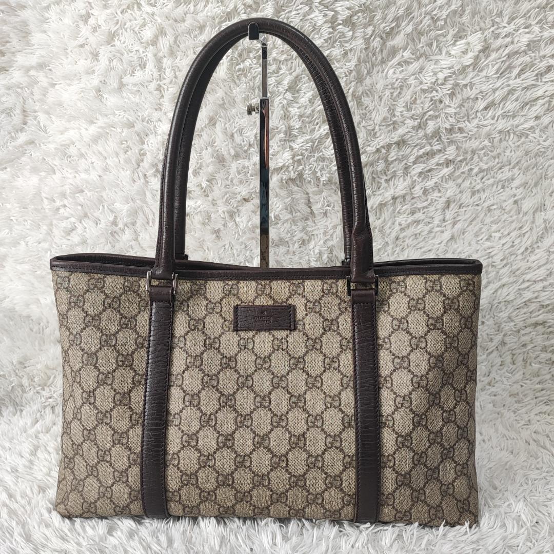 1円 GUCCI グッチ 114595 GGスプリーム PVC×レザー トートバッグ ショルダーバッグ 肩掛け A4 PC 可能 ベージュ系×ダークブラウン系_画像1