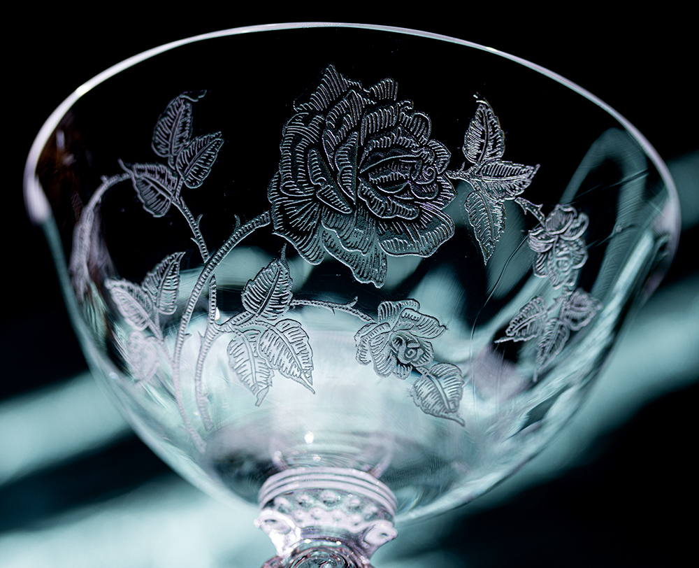 1940年～ ヘイシー ローズ 薔薇 エッチング クリスタル シャンパン カクテルグラス フラワー 花 バラ アンティーク 酒 デザートグラス_画像2