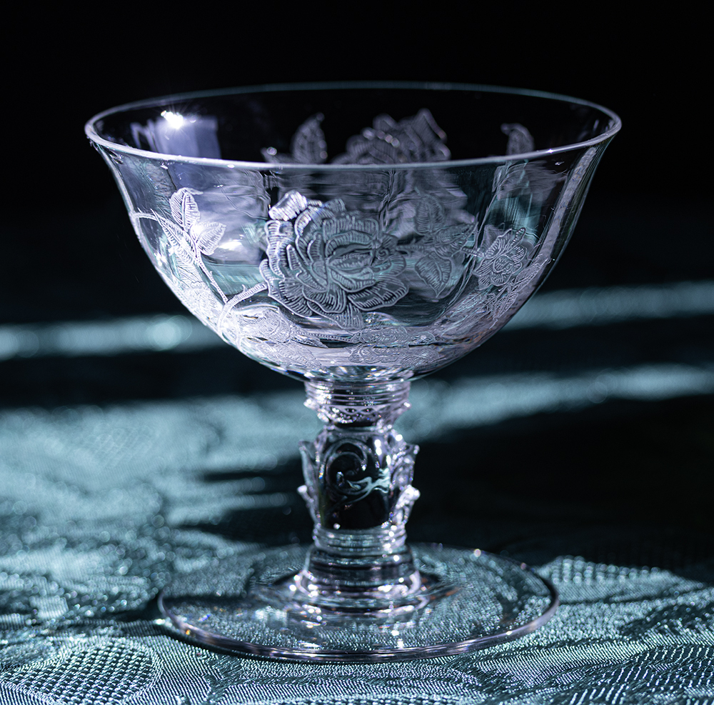 1940年～ ヘイシー ローズ 薔薇 エッチング クリスタル シャンパン カクテルグラス フラワー 花 バラ アンティーク 酒 デザートグラス_画像1