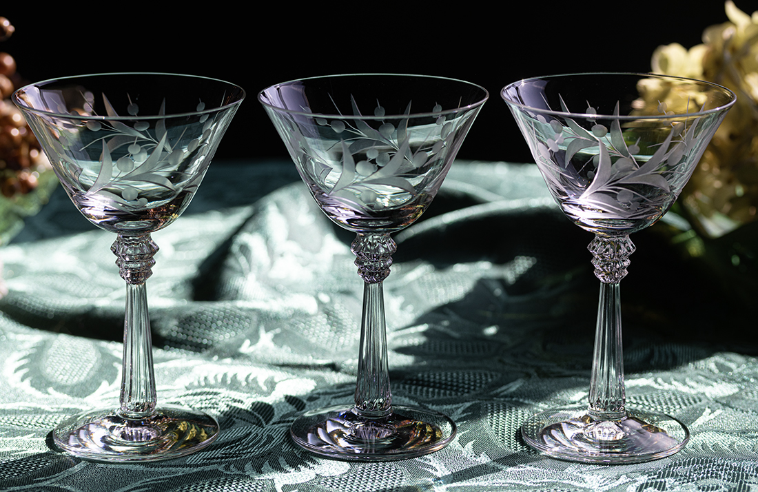 1938年～ フォストリア クリスタル シンシア エッチング シャンパン カクテルグラス 3個 フラワー 酒 バーグラス ビンテージ アンティーク_画像1
