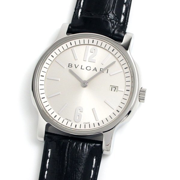 1円～ 3ヶ月保証付き 磨き済み 美品 本物 人気 BVLGARI ブルガリ ソロテンポ ST35S 革ベルト シルバー メンズ 時計_画像2