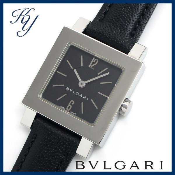 1円～ 3ヶ月保証付き 磨き済み 本物 人気 BVLGARI ブルガリ クアドラード SQ22SL 革ベルト ブラック レディース 時計_画像1