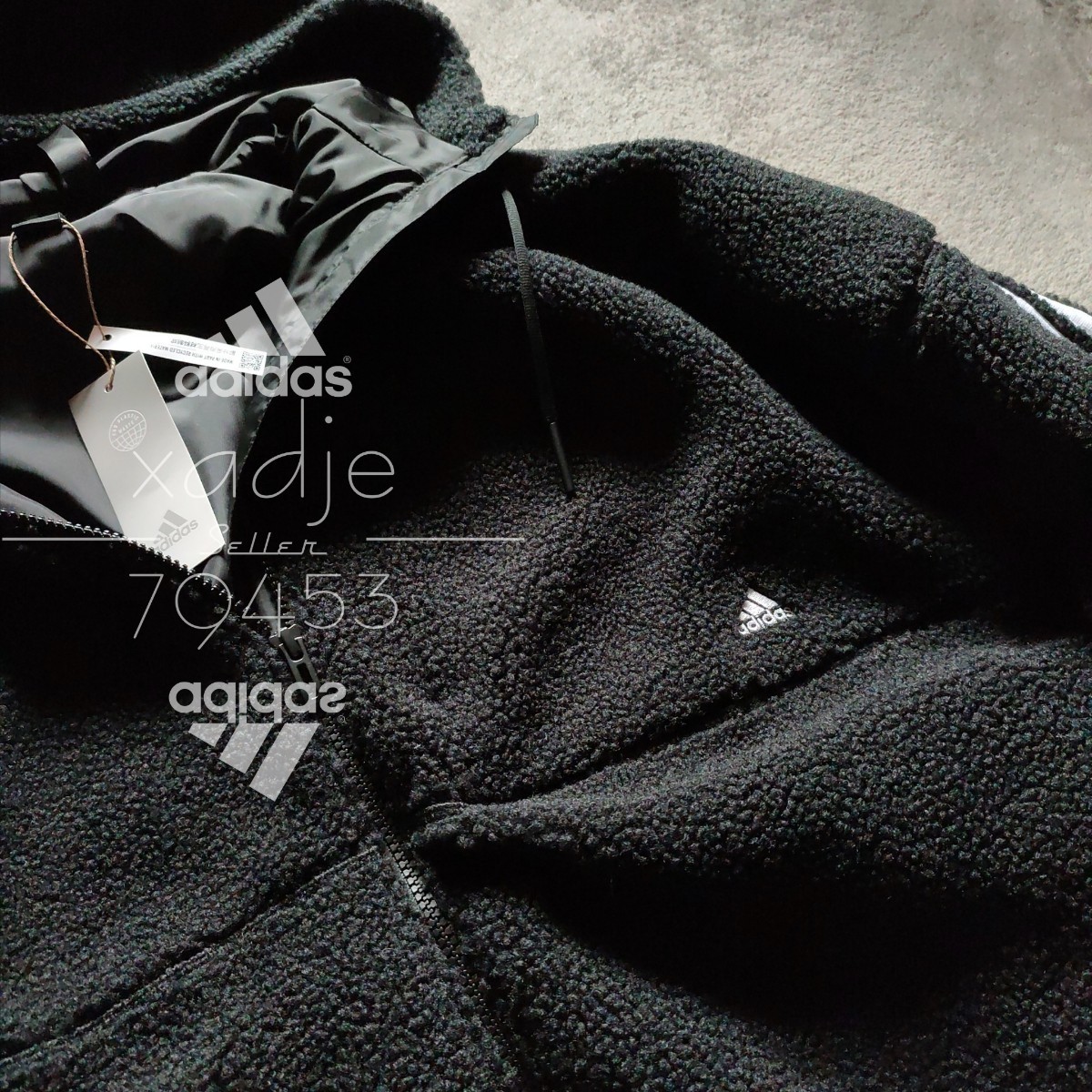 新品 正規品 adidas アディダス 中綿入り ボア パーカー ジャケット 黒 ブラック 白 三本ライン ロゴ刺繍 ゆるめ L_画像3
