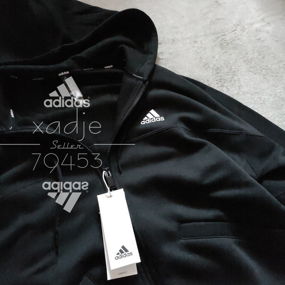 新品 正規品 adidas アディダス THREE STRIPES 上下セット セットアップ パーカー スウェットパンツ 黒 ブラック 白 ホワイト 裏起毛 XL_画像8