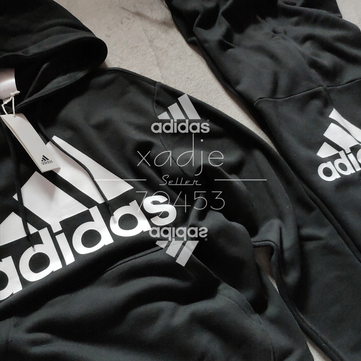 新品 正規品 adidas アディダス 上下セット ロゴ プリント 刺繍 セットアップ スウェット パーカー パンツ 黒 ブラック 白 2XL_画像2