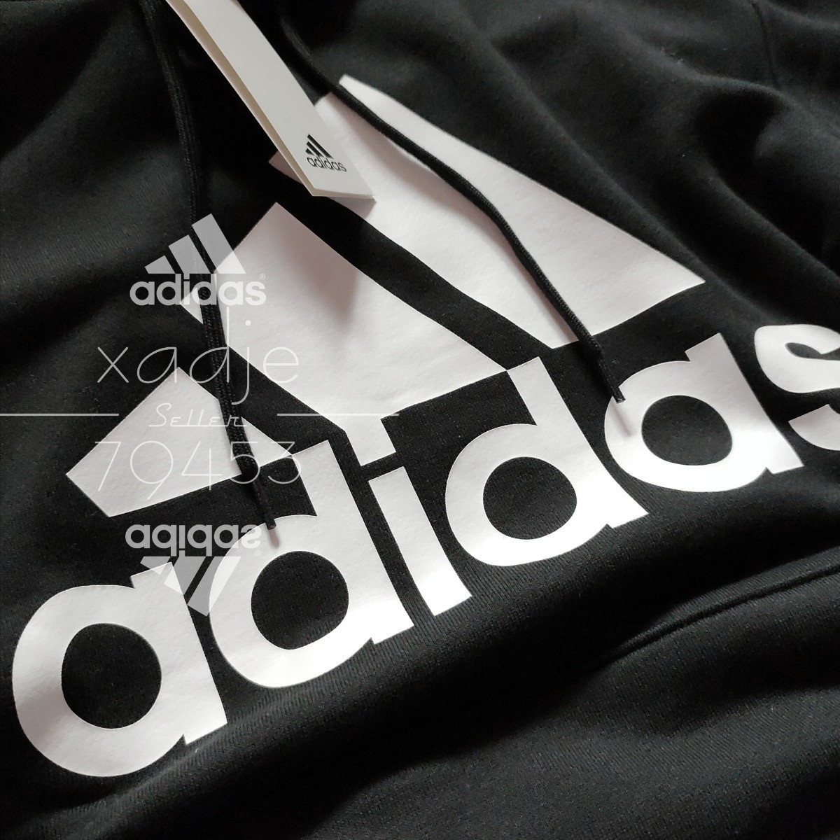 新品 正規品 adidas アディダス 上下セット ロゴ プリント 刺繍 セットアップ スウェット パーカー パンツ 黒 ブラック 白 2XL_画像3