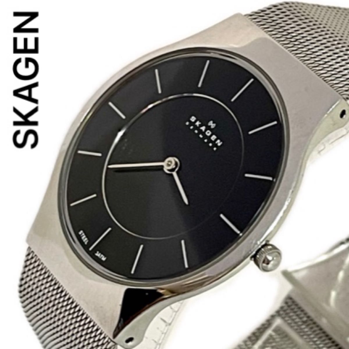 稼働　SKAGEN メンズ腕時計　クォーツ　メンズ　ブラック　シルバー　薄型　メンズウォッチ　スカーゲン　時計　レトロ