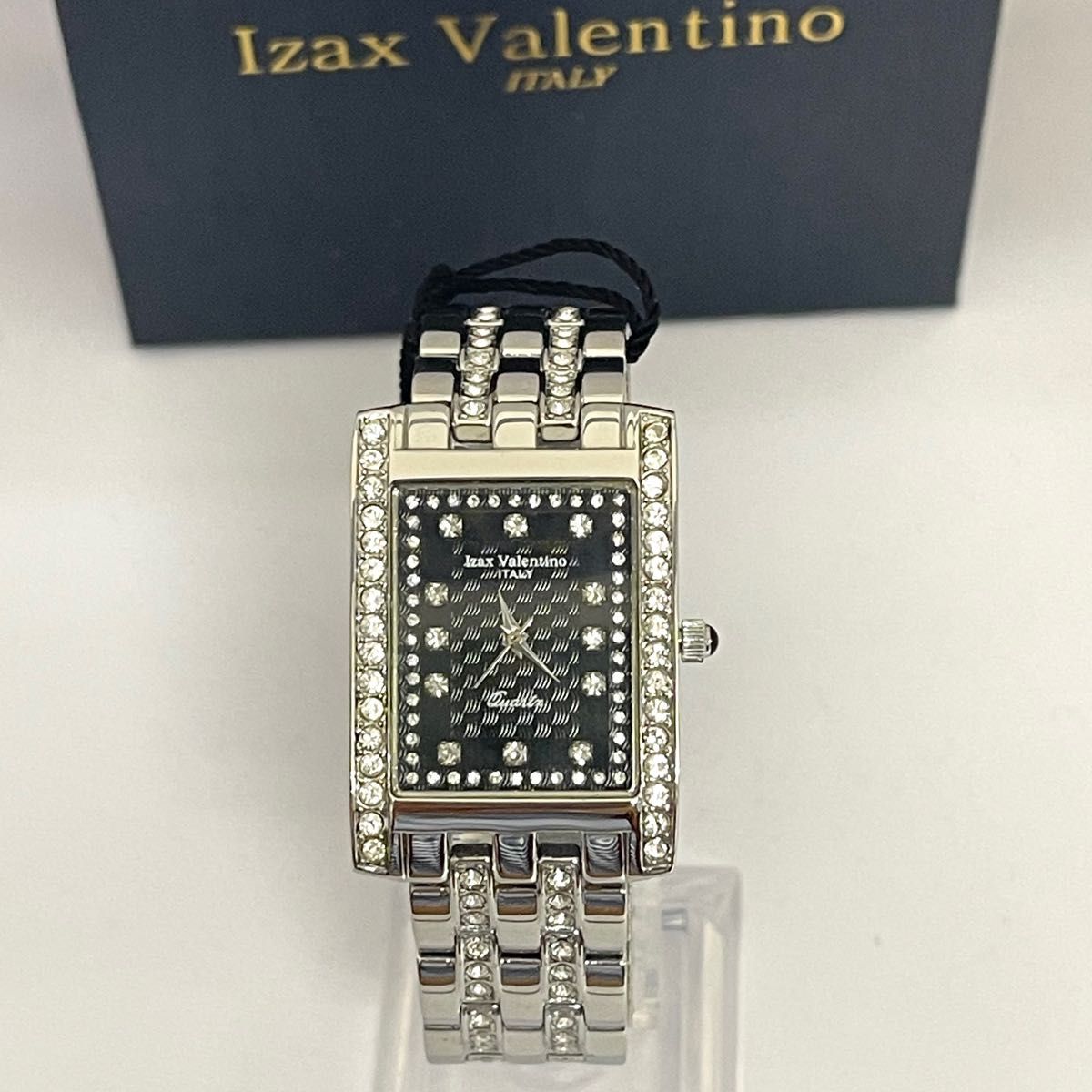 稼働　未使用　超美品　IZAX VALENTINO メンズ腕時計　レクタンギュラー　宝飾　ストーンベゼル　ブラック　シルバー