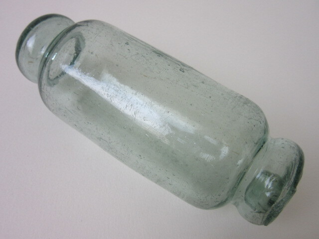 変形 浮き玉 気泡 硝子 ガラス球 ビン玉 シリンダー 検/ 戦前 ガラス玉 浮き球 まくら型 ローラー のし棒 開運 縁起物 アンティークの画像1