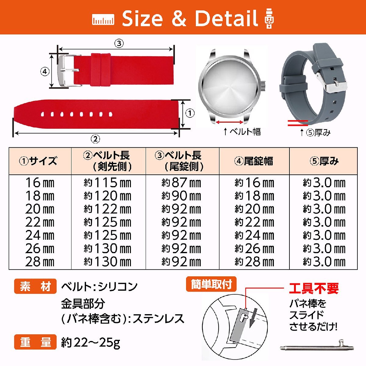 腕時計 ラバー ベルト バンド ブラック 16mm イージークリック バネ棒内蔵_画像3