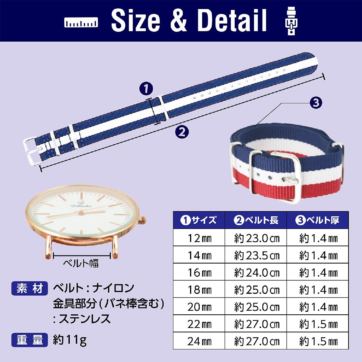 時計ベルト ナイロン NATO ネイビー 14mm 交換 バネ棒外し&バネ棒2本付_画像3