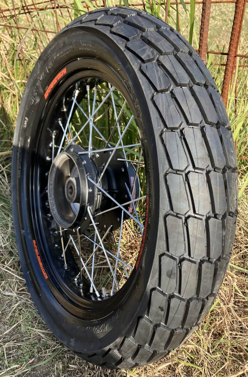 新品 3.00-19 ブラックアルミリム MAXXIS DTR-1タイヤまで組み込み対応 FTR223 リア用 ハブを受け取っての完成まで対応_※製作例