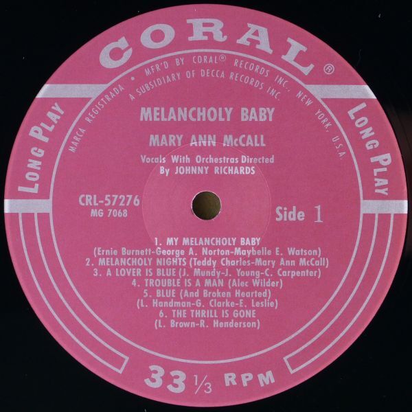 ■メアリー・アン・マッコール(Mary Ann McCall)｜メランコリー・ベイビー(Melancholy Baby) ＜LP 1996年 帯付き・日本盤＞再販盤（1959年)_画像6