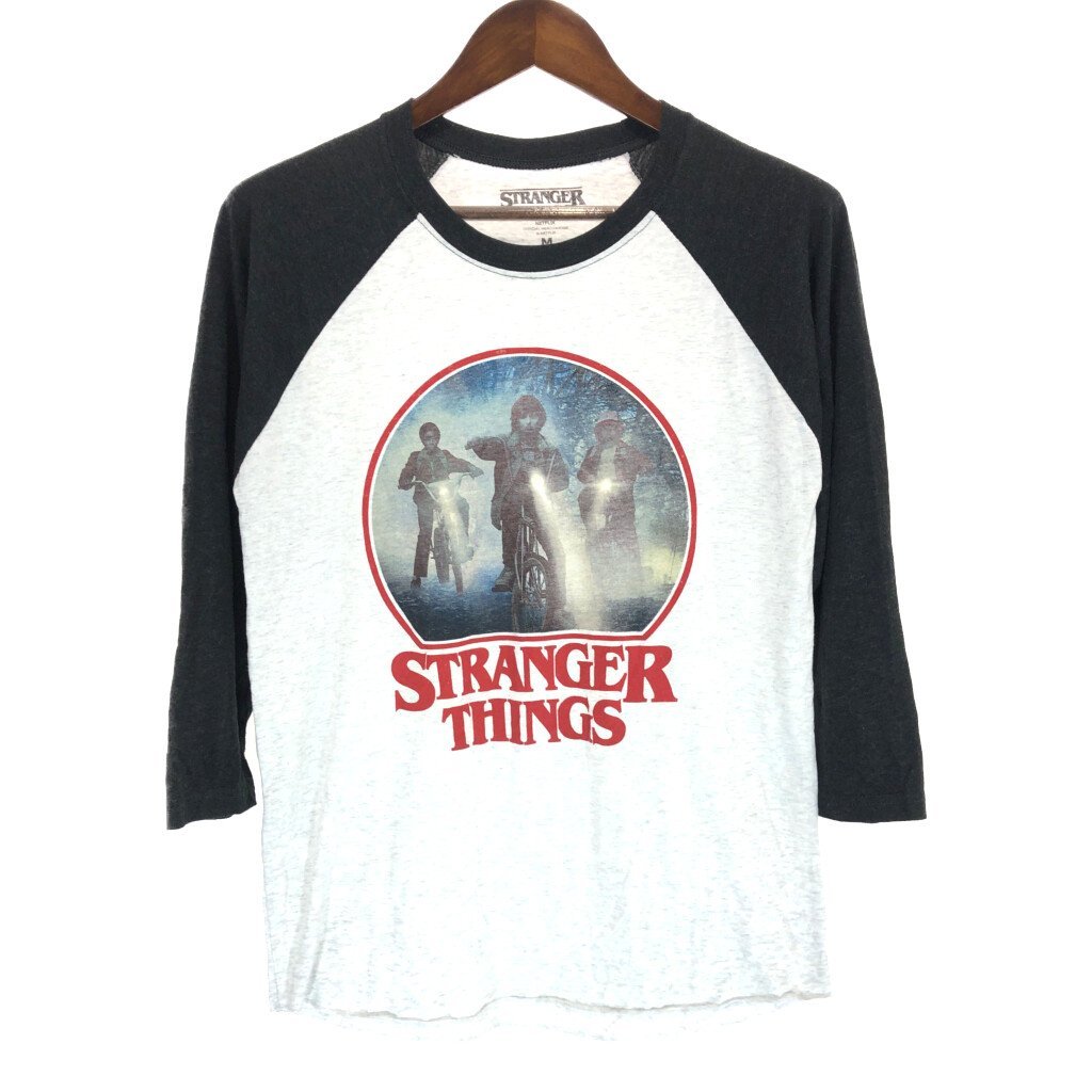 STRANGER THINGS ストレンジャーシングス ラグランスリーブ 七部丈Tシャツ NETFLIX ムービー ホワイト (メンズ M) P2726 1円スタート_画像1