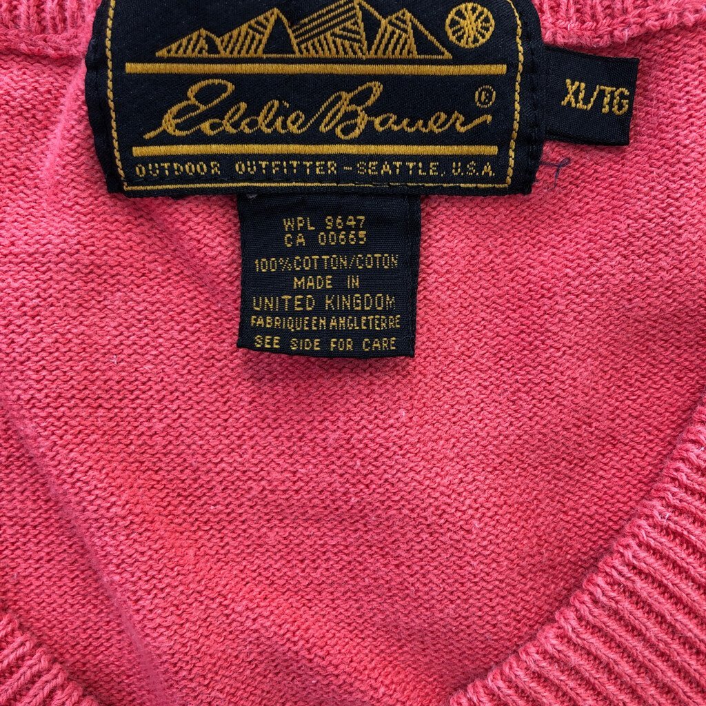 90年代 イギリス製 Eddie Bauer エディーバウアー コットン Vネック セーター トップス アウトドア ピンク (メンズ XL) 中古 古着 P7814_画像9