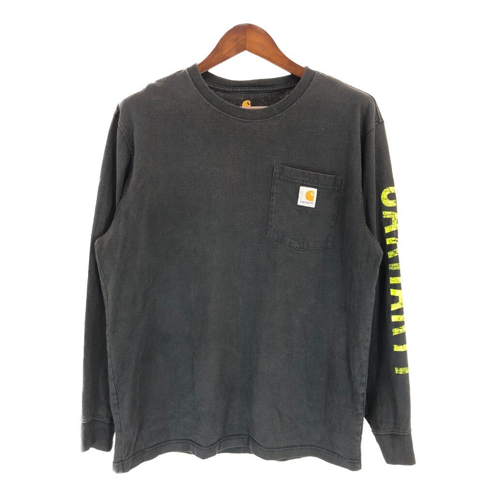 Carhartt カーハート ワンポイントロゴ 長袖Ｔシャツ ワーク 胸ポケット ブラック (メンズ M) P2940 1円スタート_画像1