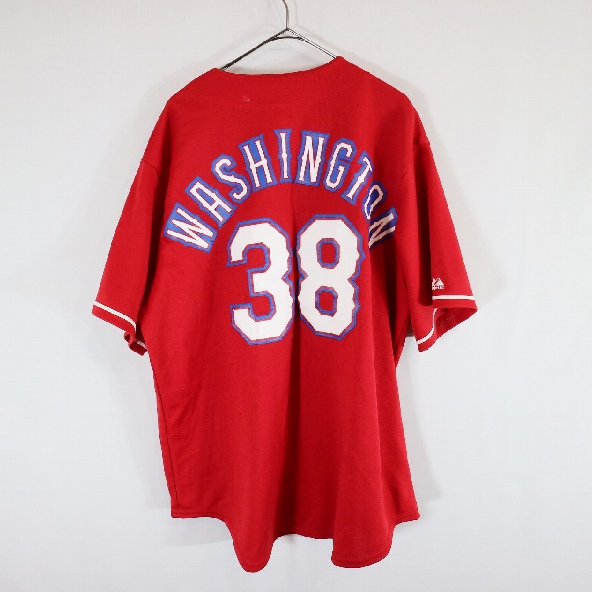 SALE///// USA製 Majestic MLB テキサスレンジャーズ ベースボールシャツ ゲームシャツ ユニフォーム 野球 レッド ( メンズ XL ) N2563_画像2