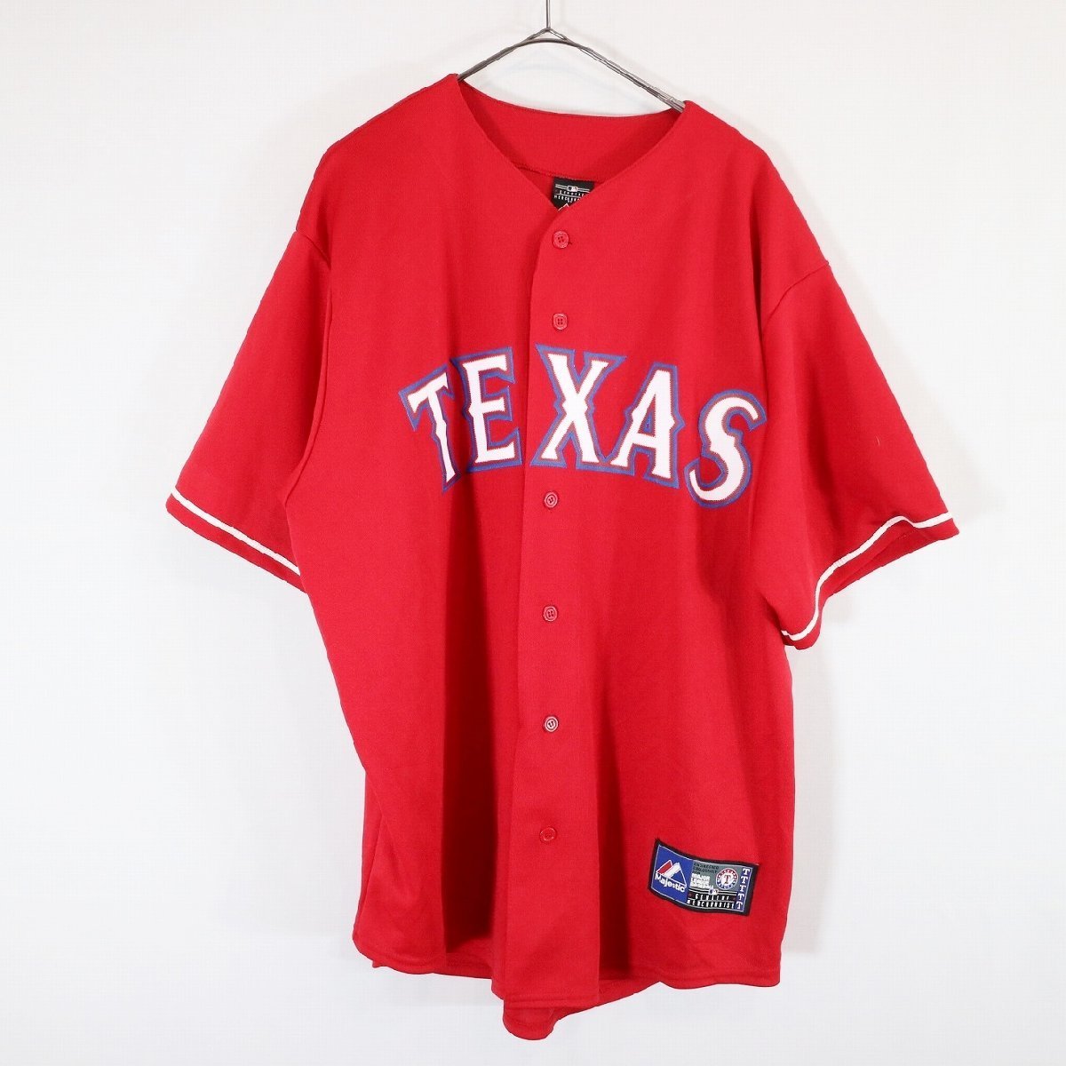 SALE///// USA製 Majestic MLB テキサスレンジャーズ ベースボールシャツ ゲームシャツ ユニフォーム 野球 レッド ( メンズ XL ) N2563_画像1