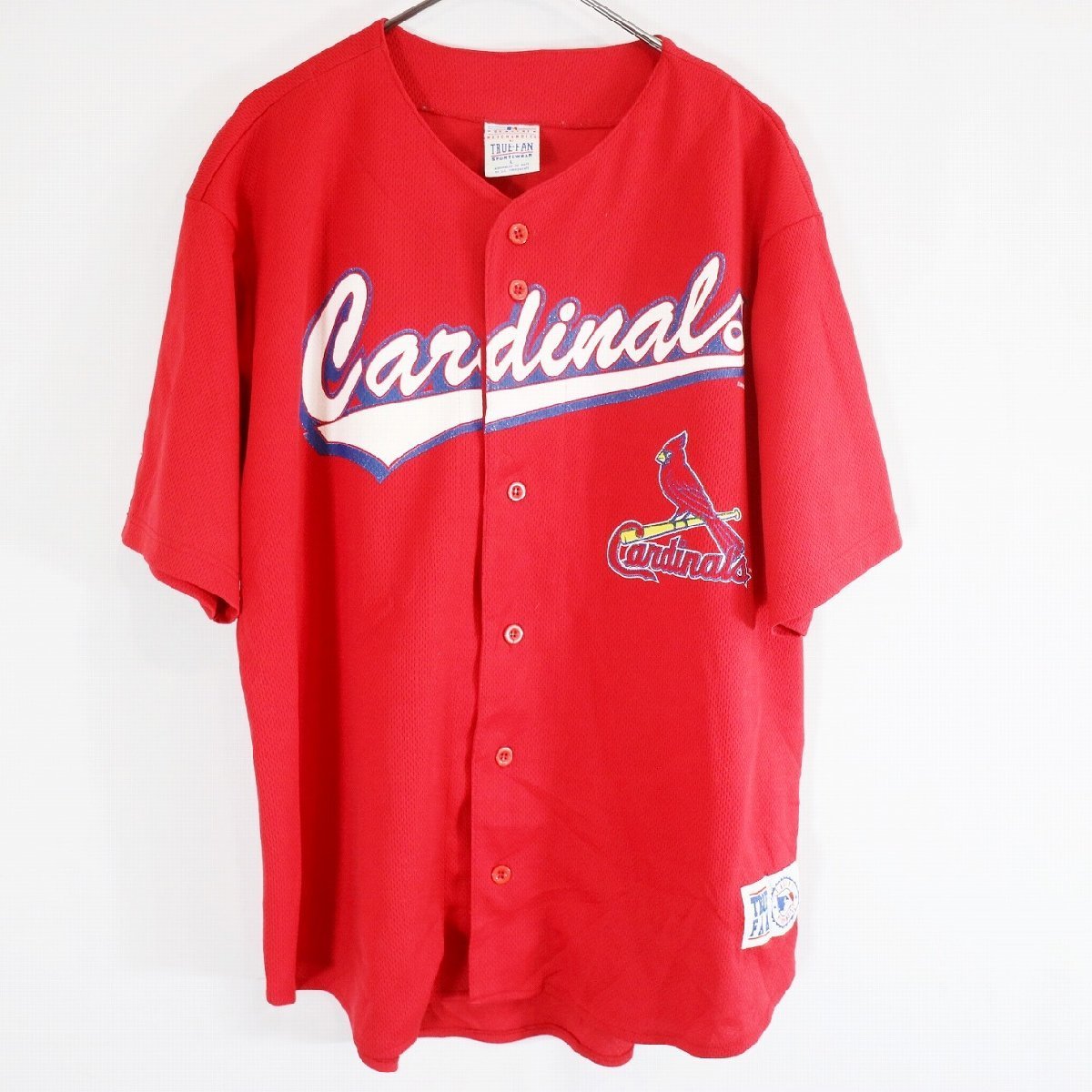 SALE///// 90ｓ TRUE FAN MLB セントルイス・カージナルス 半袖 ゲームシャツ プロチーム 野球 ベースボール レッド ( メンズ L ) N2870_画像1