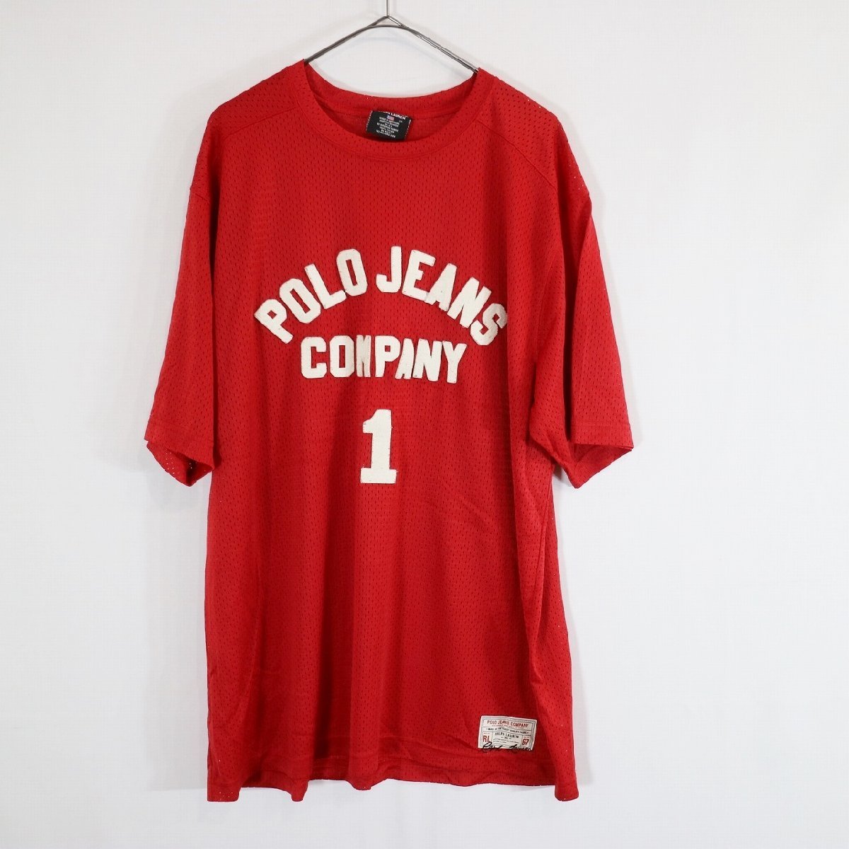 SALE///// POLO JEANS ポロジーンズ メッシュ地 半袖ゲームシャツ ポロカン クルーネック レッド ( メンズ XL ) N3379_画像1