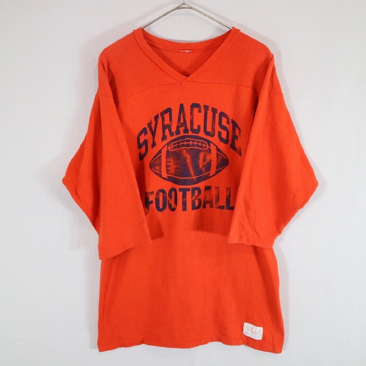 SALE///// 70s Champion チャンピオン フットボールTシャツ カレッジ アメフト 三段プリント オレンジ ( メンズ L ) N4700_画像1