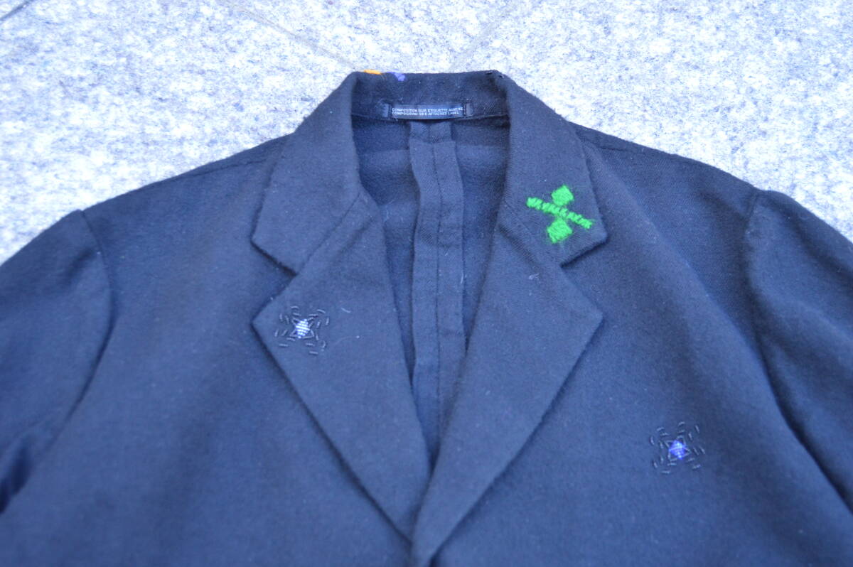 F132 レア 中古 ビンテージ vintage yohji yamamoto pour homme ヨウジヤマモト ウール 刺繍 ジャケット 黒 ブラック 2 BC アーカイブの画像2