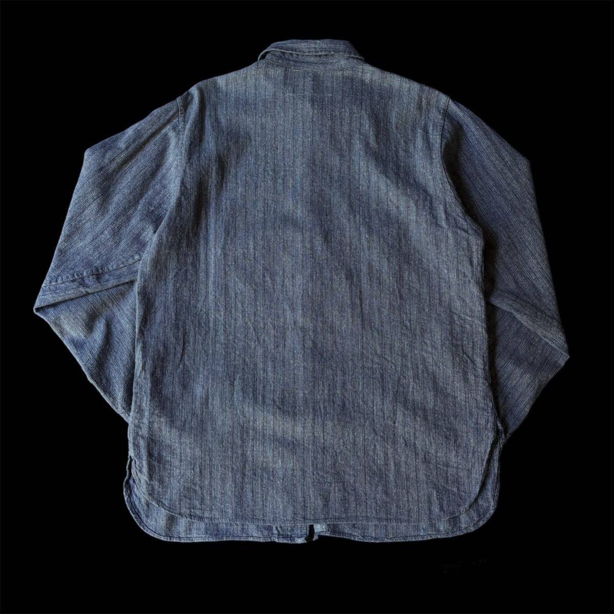 40s Unkown Heather Fabric Strip Chambray Work Shirt 40年代 マーブルボタン 杢ストライプ マチ付 シャンブレー ワークシャツ ベタシャン_画像2