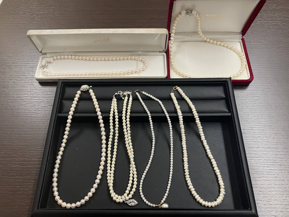 #24065-A【まとめ】パール まとめ売り ネックレス シルバー 925 SILVER 銀 K18 ゴールド 金 淡水 真珠 中古 6本セット_画像1