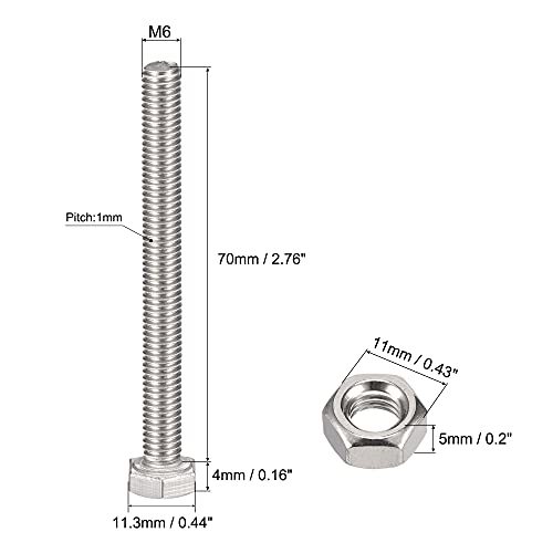 六角ボルト ナット 六角頭ねじ フラット&ロックワッシャーキット 304ステンレス鋼 完全六角ボルトスレッド M6 x 70 mm_画像2