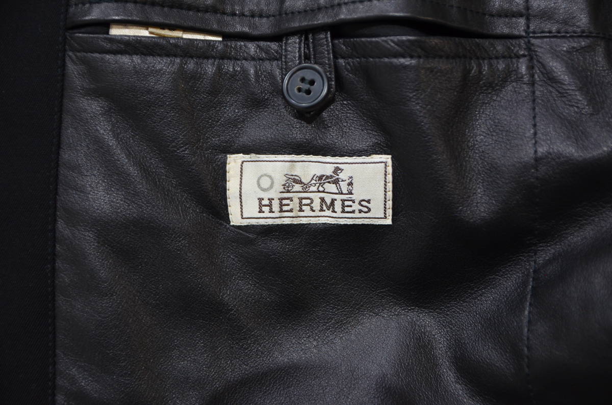 国内正規品 HERMES エルメス 裏地レザー ウール コート ブラック 46 Y-324369_画像4