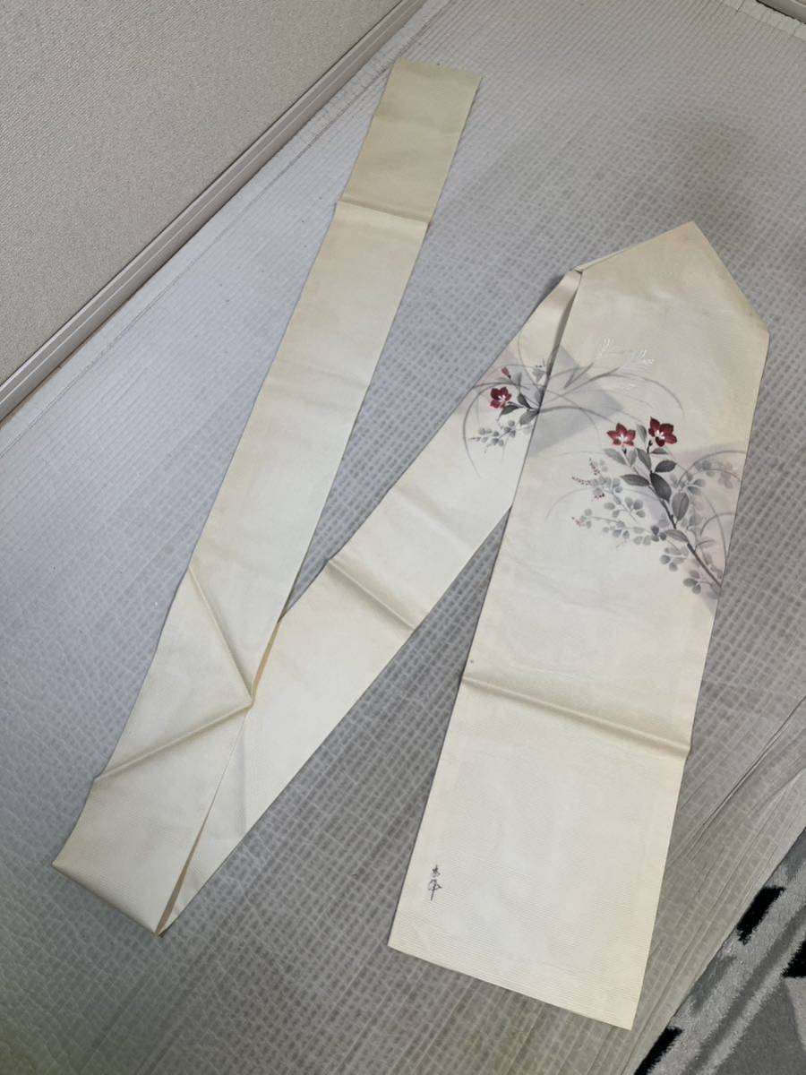 帯　名古屋帯　正絹　絽　作家　花　華　お太鼓柄　クリーム色地　着物　和服　和装　着物コーデ　リメイク　染め替え　衣装　百貨店　高級_画像6