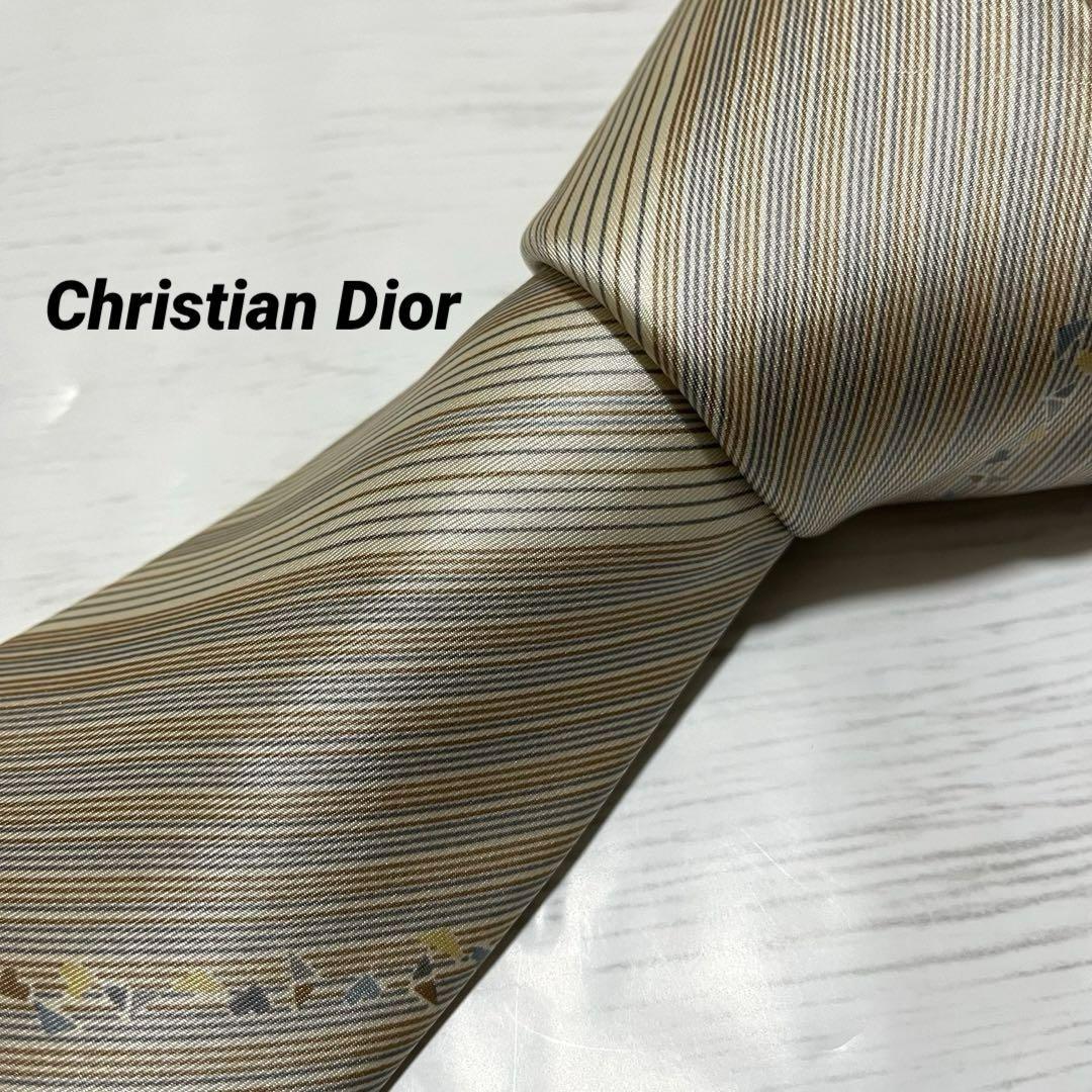 即日発送　クリスチャンディオール　Christian Dior ネクタイ シルク100％ ストライプ柄　グレー　銀　総柄　絹　ビジネススーツ_画像1