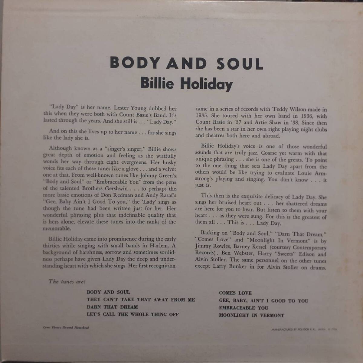 PROMO日本VERVE盤LP 見本盤 白ラベル MONO盤 Billie Holiday / Body And Soul 1977年 MV 2597 高音質SAL74 ビリー・ホリデイ Barney Kessel_画像3