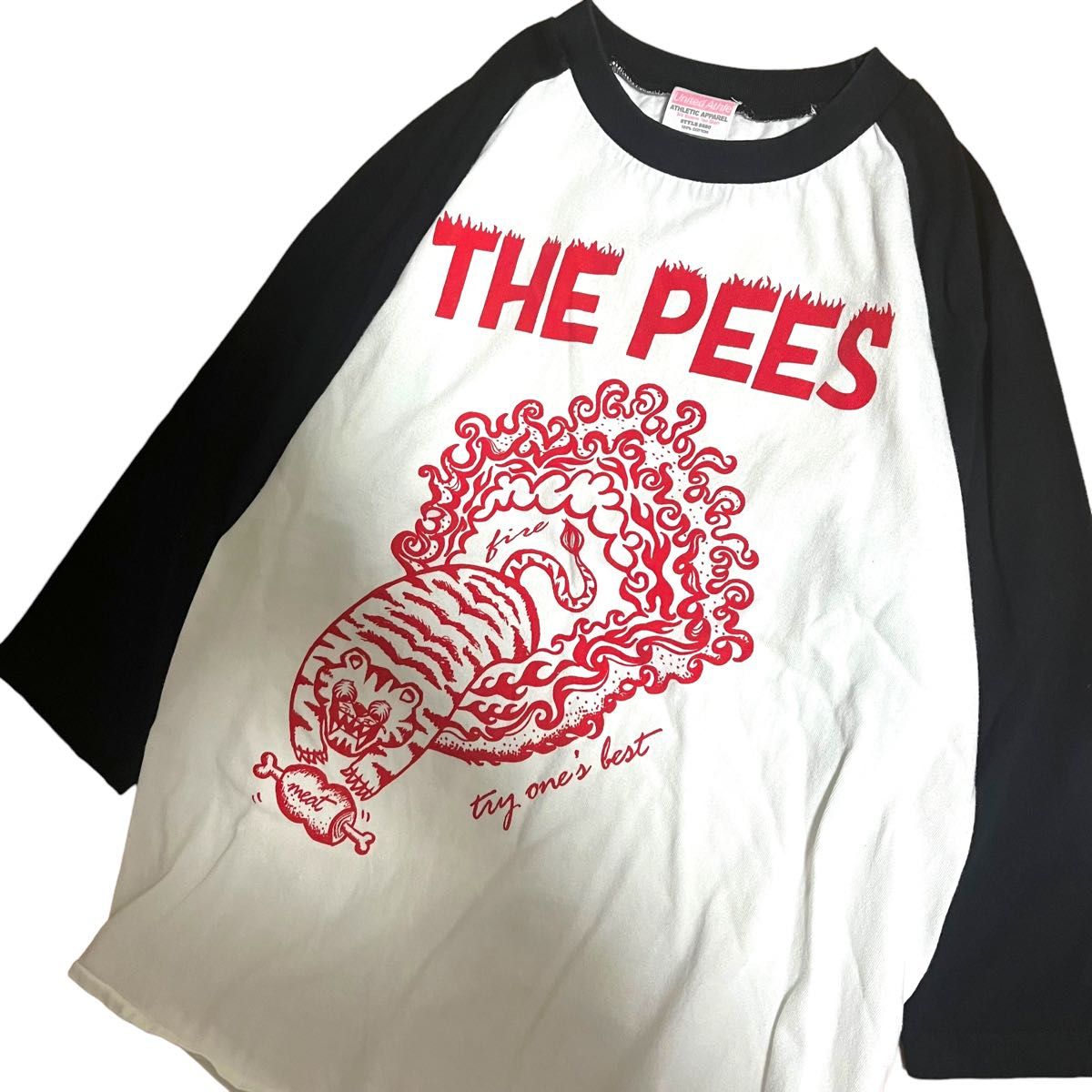 THE PEES ラグランTシャツ 七分丈 両面プリント ブラック×ホワイト