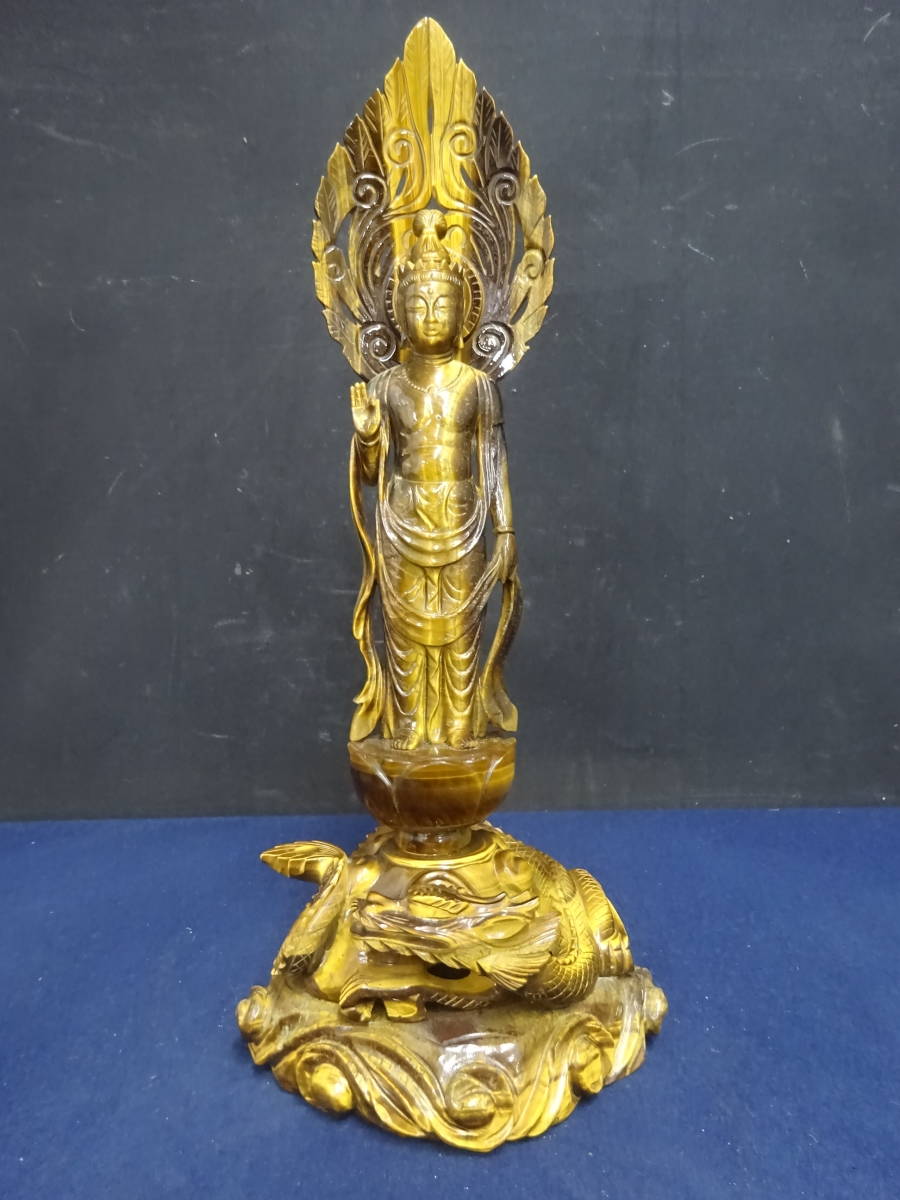 T　仏教美術　山梨伝統工芸　虎目石　龍上観音立像　共箱　高32.5ｃｍ　1.5ｋｇ