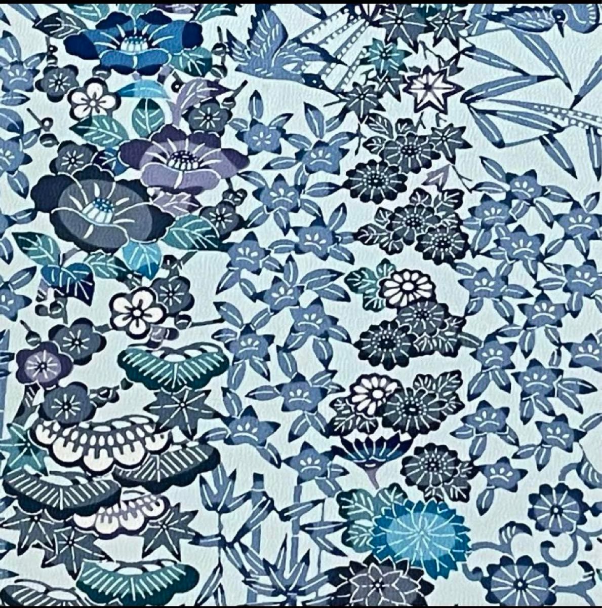 正絹　型染め　美しいブルー花鳥文　ハギレ　37×170