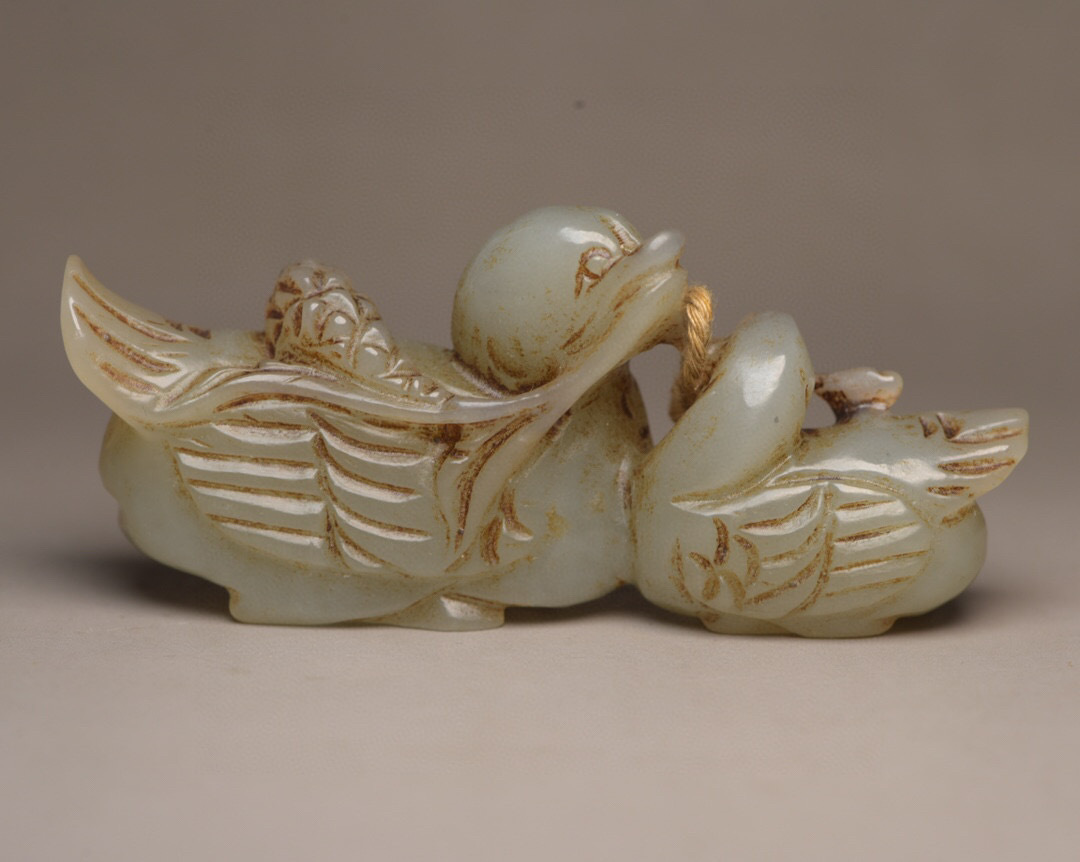 【古寶奇蔵】和田玉製・細密彫・鵝如意・置物・賞物・中国時代美術